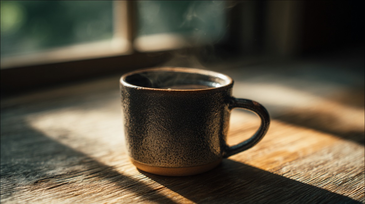 A steaming cup of mushroom coffee in a dark ceramic mug, sitting on a wooden table bathed in warm morning sunlight near a window