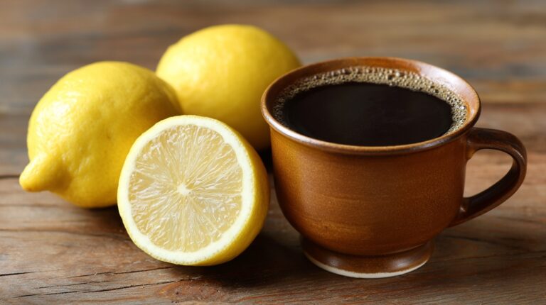 A brown ceramic cup filled with black coffee next to fresh lemons on a wooden surface