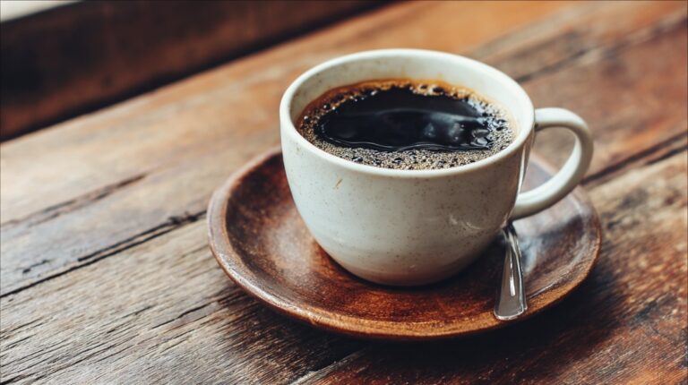Cup of black coffee in a ceramic mug on a wooden table with a saucer and spoon