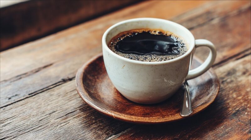 Cup of black coffee in a ceramic mug on a wooden table with a saucer and spoon