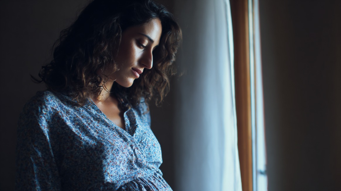 A pregnant woman standing near a window, gently touching her belly and looking down with a thoughtful expression, wearing a floral maternity top