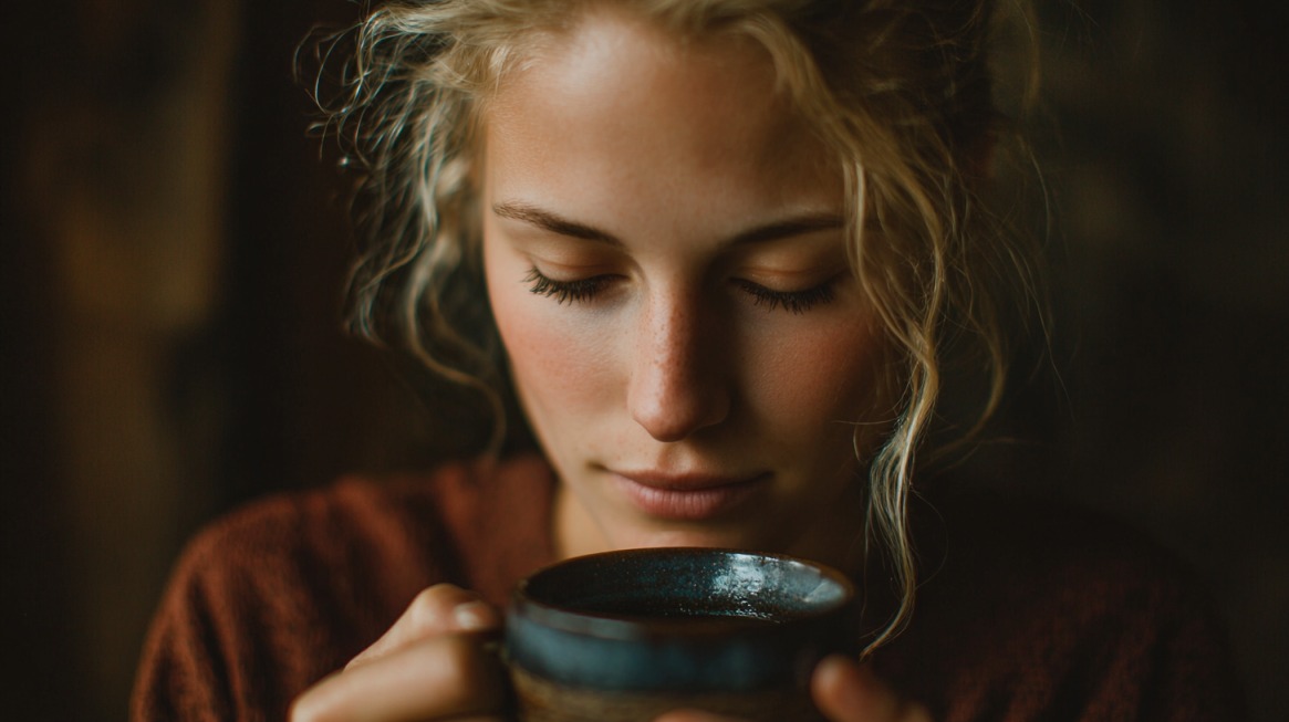 A serene young woman with closed eyes holds a ceramic cup close to her face, savoring the aroma of a warm beverage in soft natural lighting