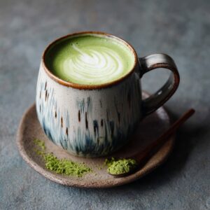 A ceramic mug filled with a frothy green matcha latte on a matching saucer, with a small wooden spoon of matcha powder beside it