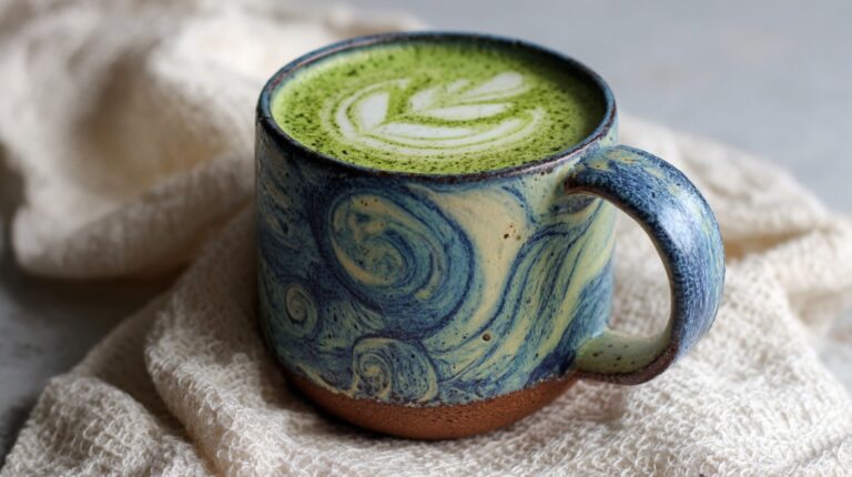 A beautifully crafted hot matcha latte with latte art, served in a ceramic mug with swirling blue and beige designs, placed on a textured cream cloth