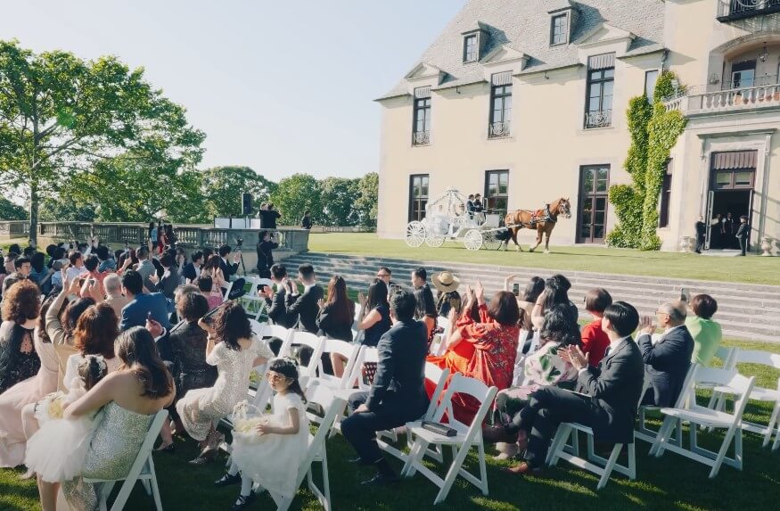 A grand wedding ceremony at Oheka Castle, with guests eagerly awaiting the arrival of the happy couple