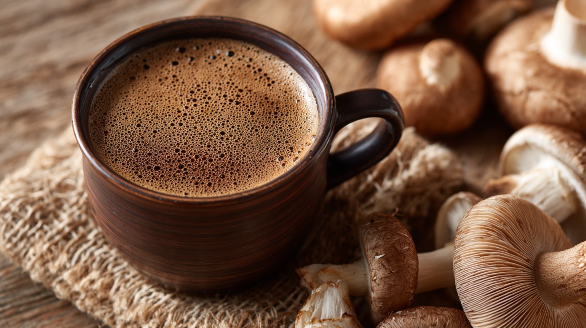 A close-up of a dark ceramic cup filled with mushroom coffee, surrounded by fresh mushrooms on a rustic wooden surface