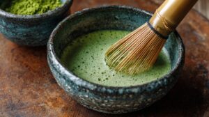 A bowl of whisked matcha tea with a bamboo chasen whisk, showing frothy green tea and vibrant powder in a rustic ceramic bowl