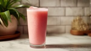 A tall glass filled with a frothy, chilled pink beverage on a kitchen counter
