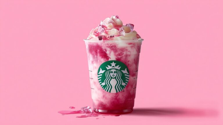 A vibrant pink Starbucks drink topped with whipped cream and ice, set against a pink background