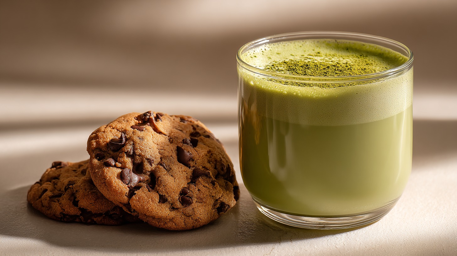 A glass of iced matcha latte with frothy top, served beside two chocolate chip cookies on a neutral background, lit by soft natural light