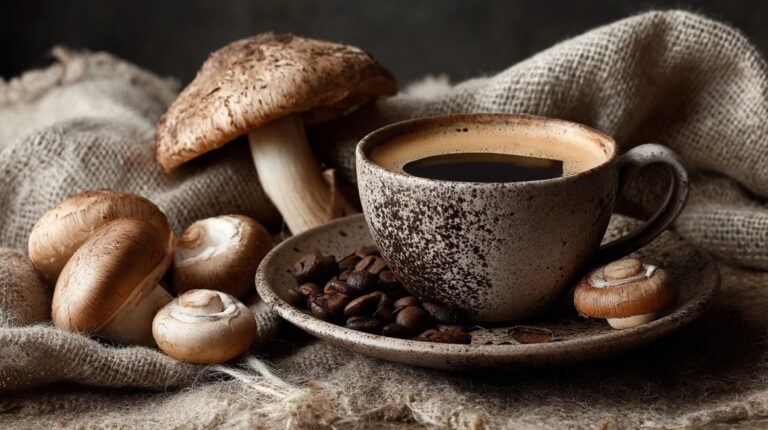 A rustic ceramic cup of mushroom coffee on a saucer with roasted coffee beans, surrounded by fresh mushrooms on a burlap cloth background