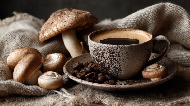 A rustic ceramic cup of mushroom coffee on a saucer with roasted coffee beans, surrounded by fresh mushrooms on a burlap cloth background