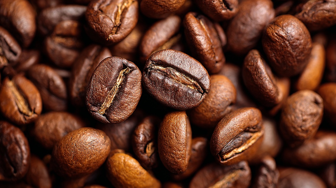 Close-up of roasted coffee beans with rich brown tones and visible textures
