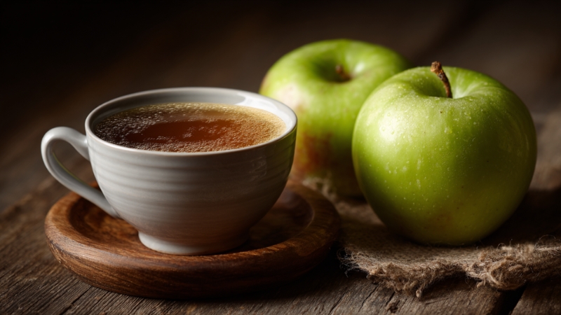 A cup of coffee next to two green apples, showing the concern around who should avoid mixing apple cider vinegar with coffee