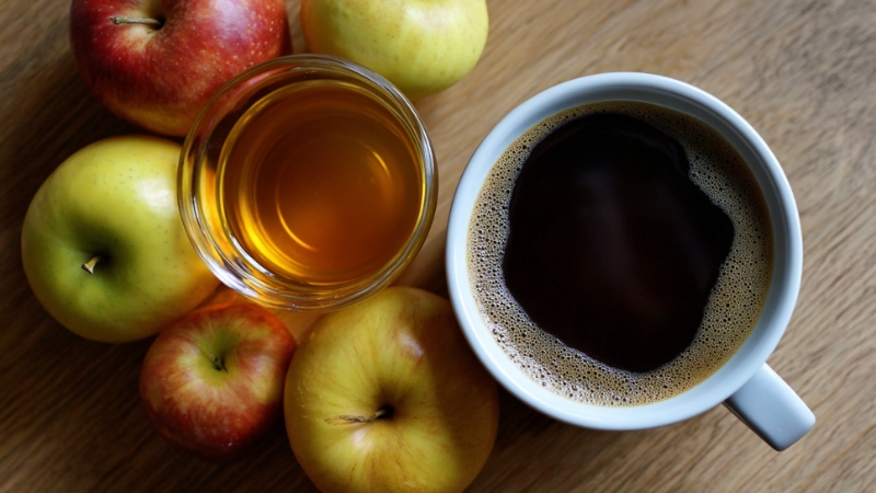 A cup of black coffee, a glass of apple cider vinegar, and fresh apples on a table, showing the trend of mixing apple cider vinegar with coffee