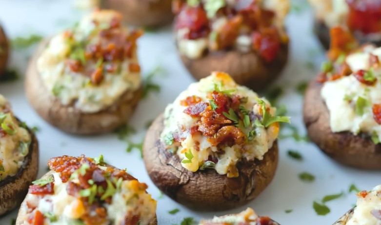 A close up view of a Cheese-Stuffed Mushrooms