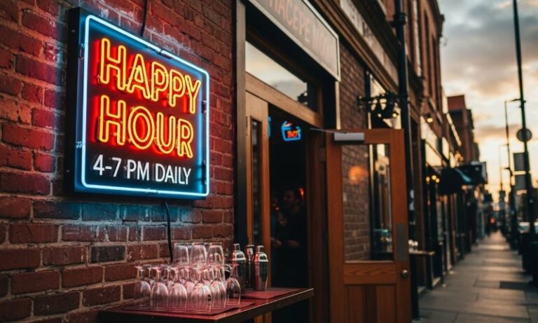 Happy hour neon sign glowing against a textured brick wall