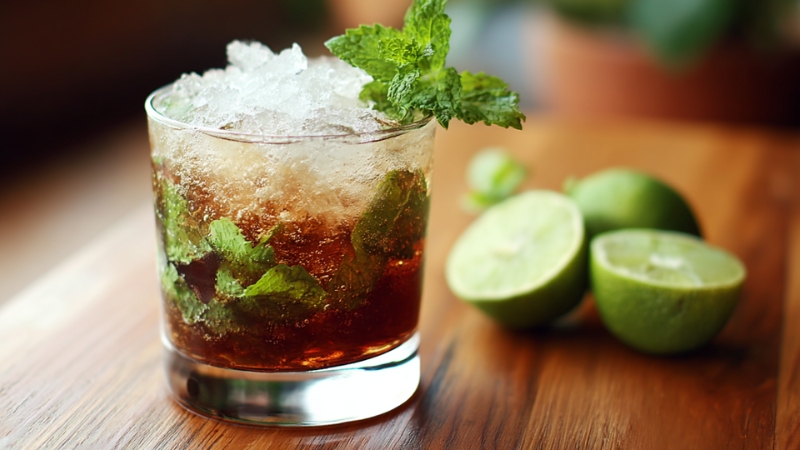 Coffee mojito served on ice with fresh mint and lime on the side