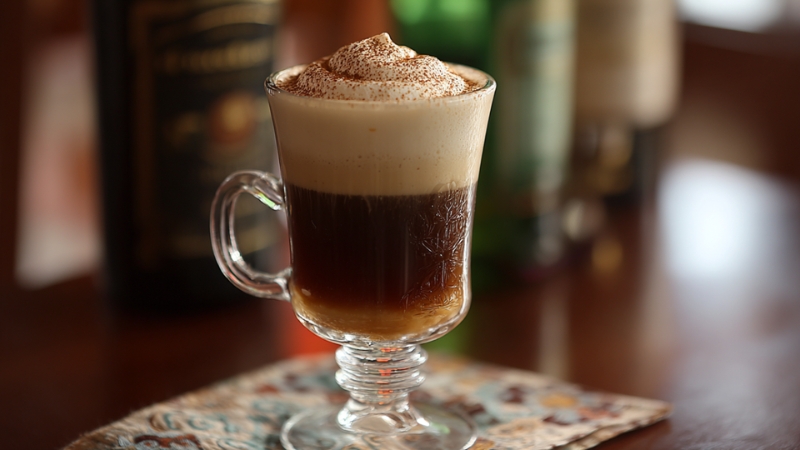 Irish Coffee with whipped cream on top served in a clear mug